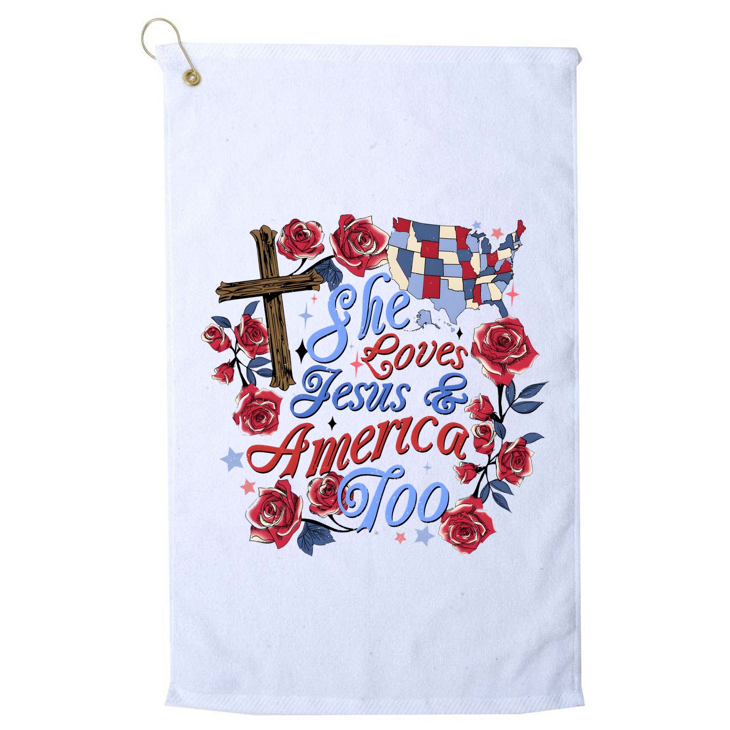 She Loves Jesus And America Too Floral Cross Golf Towel