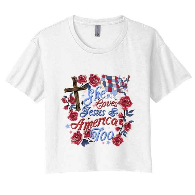 She Loves Jesus And America Too Floral Cross Crop Top