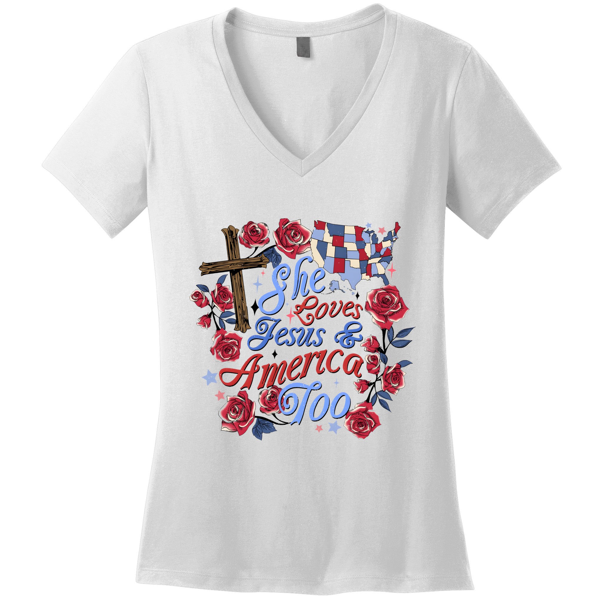 She Loves Jesus And America Too Floral Cross Women's V-Neck T-Shirt