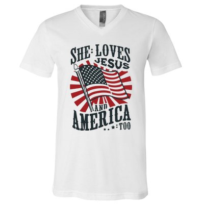 She Loves Jesus And America Too V-Neck T-Shirt