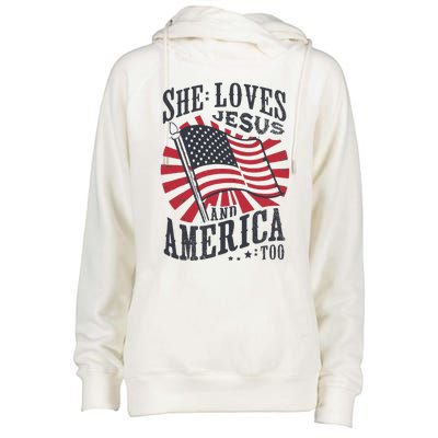 She Loves Jesus And America Too Flag Christian Womens Funnel Neck Pullover Hood