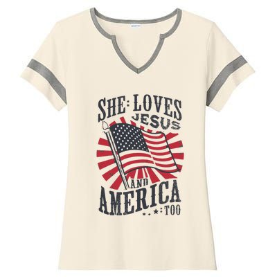 She Loves Jesus And America Too Flag Christian Ladies Halftime Notch Neck Tee