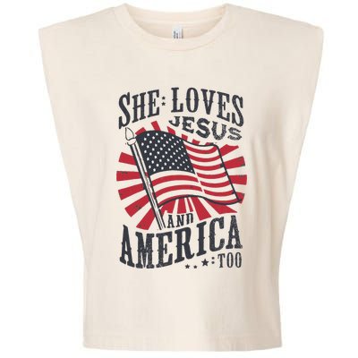 She Loves Jesus And America Too Flag Christian Garment-Dyed Women's Muscle Tee