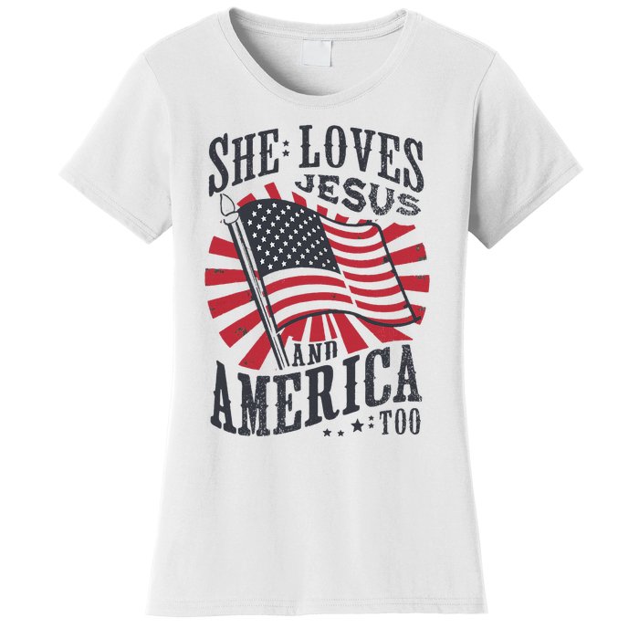 She Loves Jesus And America Too Flag Christian Women's T-Shirt