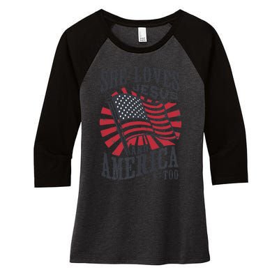 She Loves Jesus And America Too Flag Christian Women's Tri-Blend 3/4-Sleeve Raglan Shirt