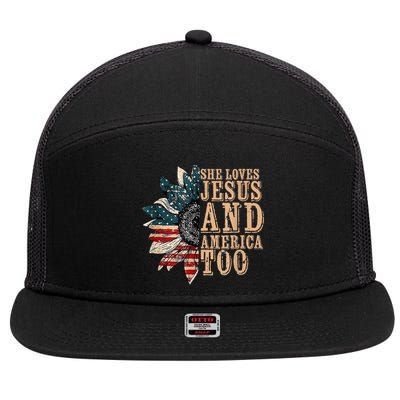 She Love Jesus And America Too Funny Sunflower America Flag 7 Panel Mesh Trucker Snapback Hat