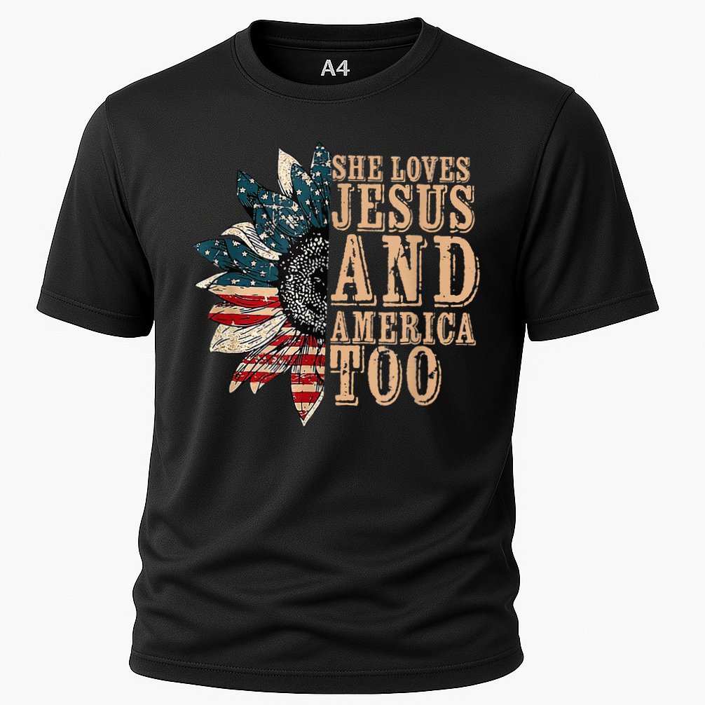 She Love Jesus And America Too Funny Sunflower America Flag Cooling Performance Crew T-Shirt