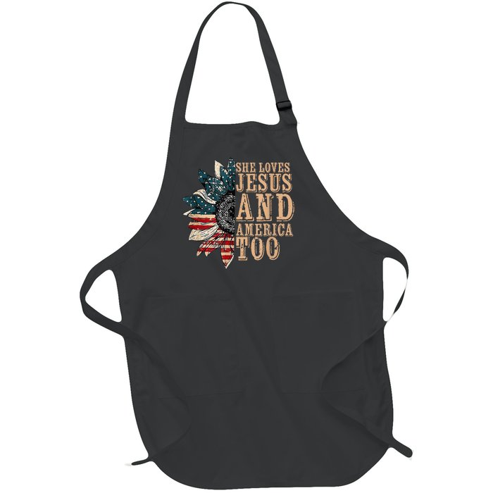 She Love Jesus And America Too Funny Sunflower America Flag Full-Length Apron With Pockets