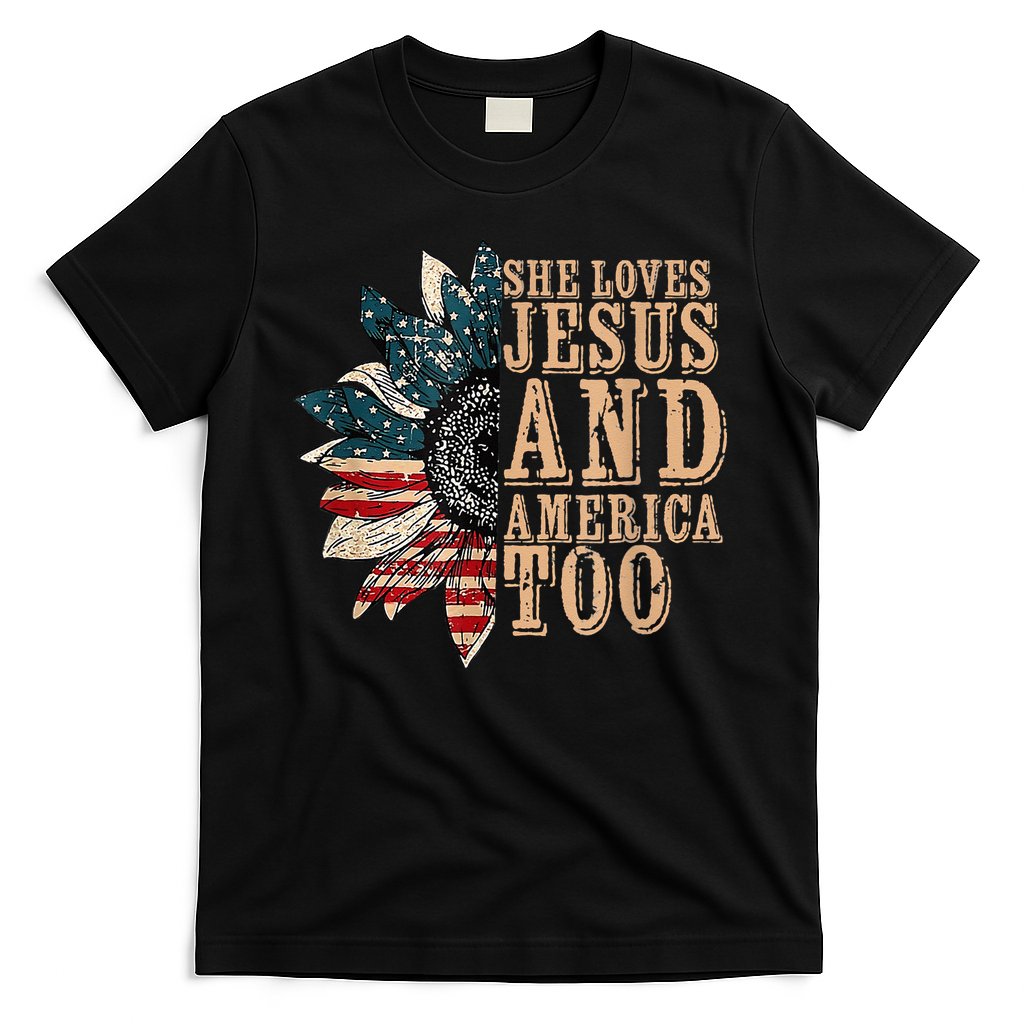 She Love Jesus And America Too Funny Sunflower America Flag T-Shirt