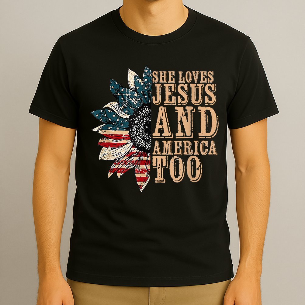 She Love Jesus And America Too Funny Sunflower America Flag T-Shirt