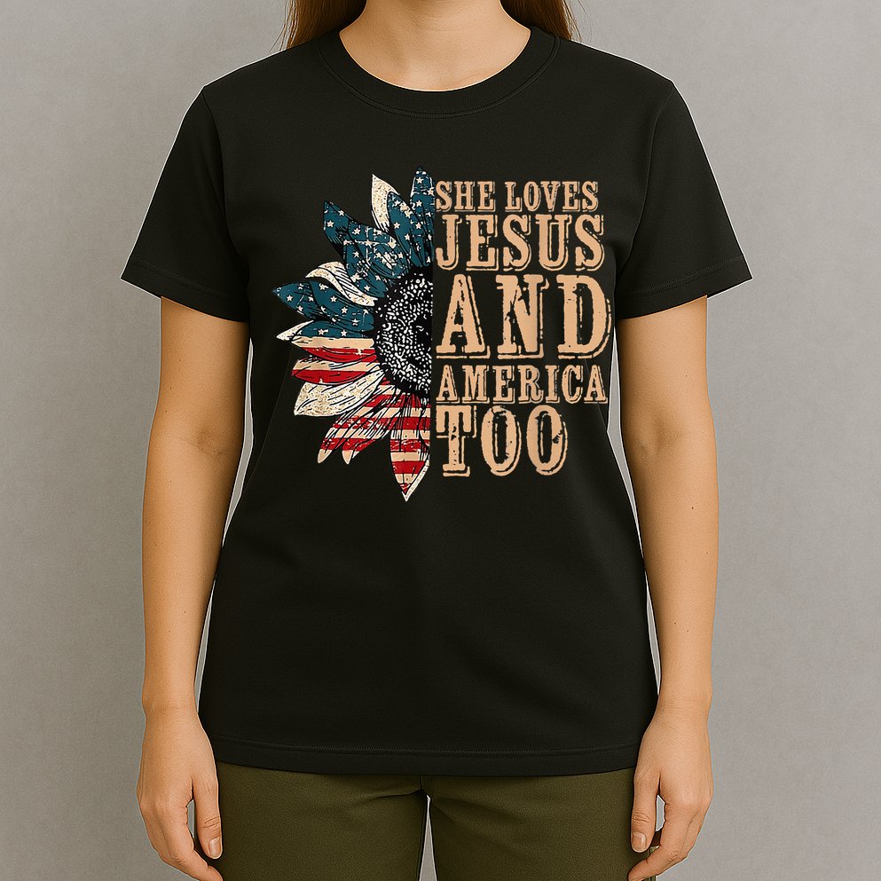 She Love Jesus And America Too Funny Sunflower America Flag T-Shirt