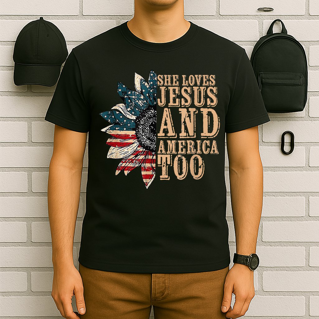 She Love Jesus And America Too Funny Sunflower America Flag T-Shirt
