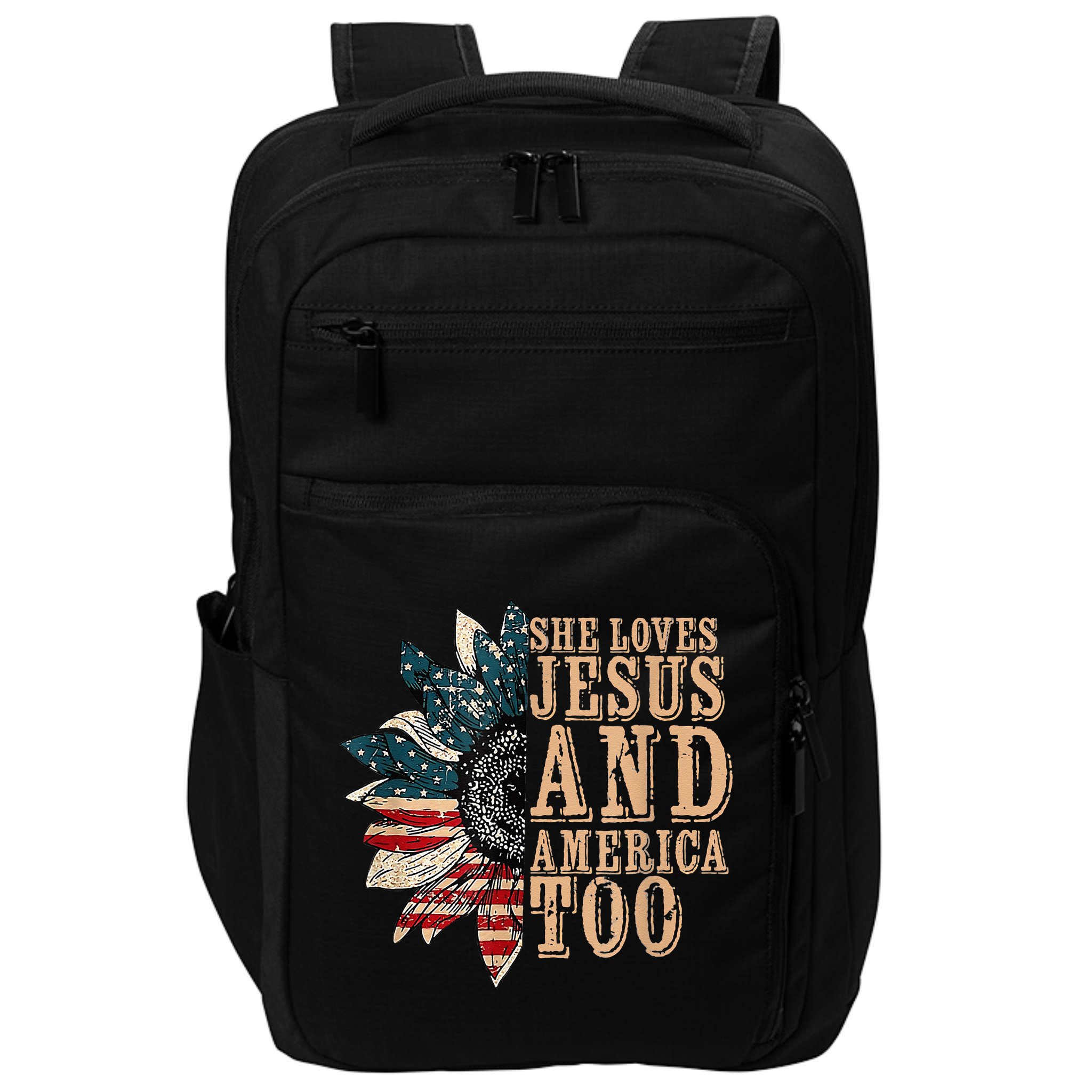 She Love Jesus And America Too Funny Sunflower America Flag Impact Tech Backpack