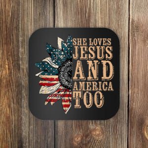 She Love Jesus And America Too Funny Sunflower America Flag Coaster