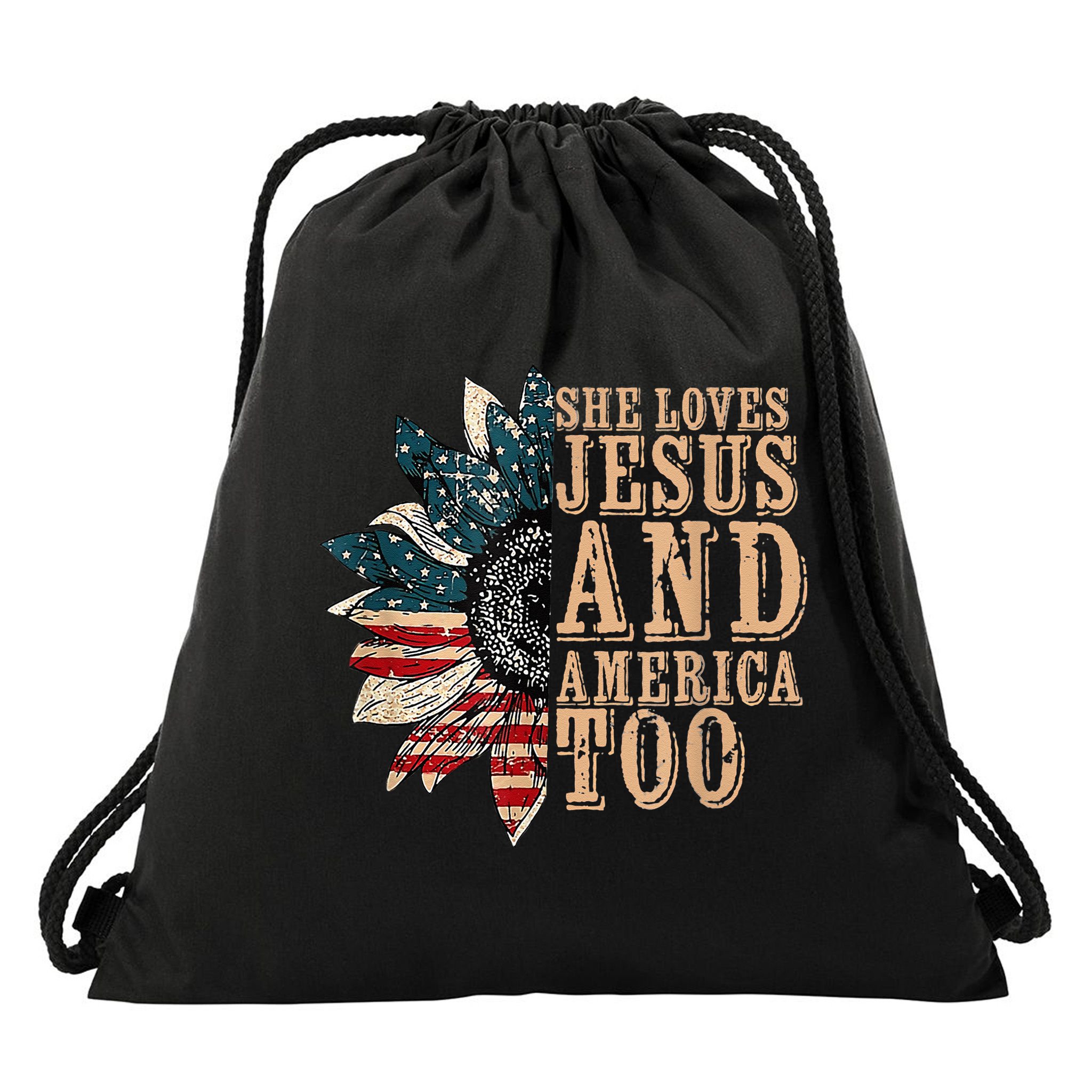 She Love Jesus And America Too Funny Sunflower America Flag Drawstring Bag