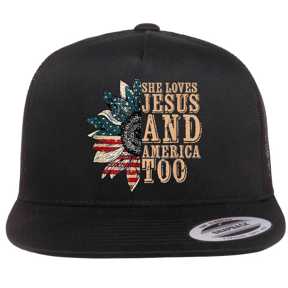 She Love Jesus And America Too Funny Sunflower America Flag Flat Bill Trucker Hat