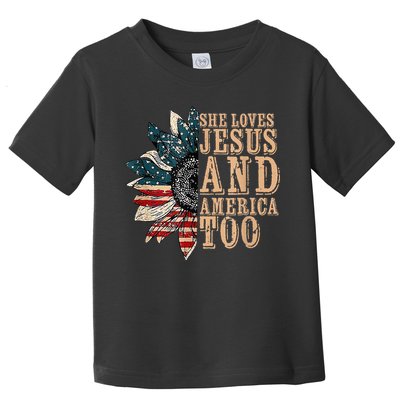 She Love Jesus And America Too Funny Sunflower America Flag Toddler T-Shirt