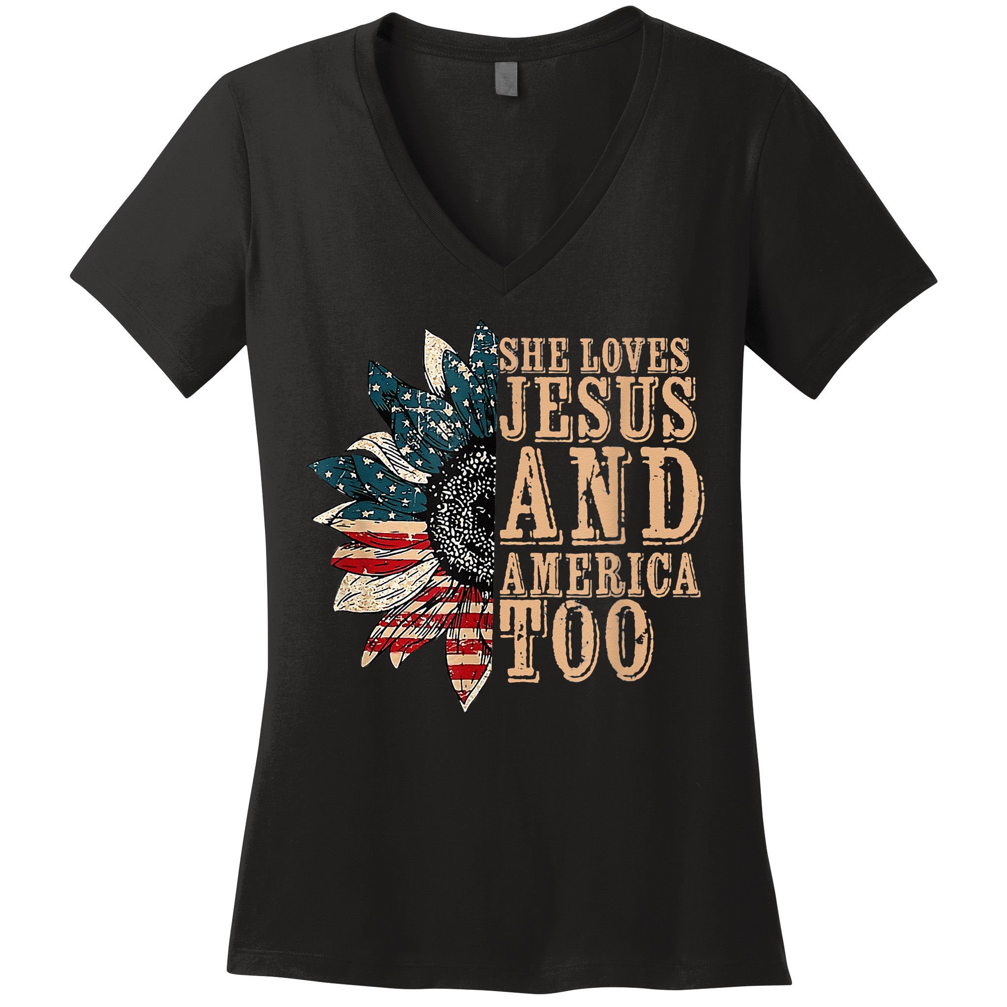 She Love Jesus And America Too Funny Sunflower America Flag Women's V-Neck T-Shirt