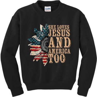 She Love Jesus And America Too Funny Sunflower America Flag Kids Sweatshirt