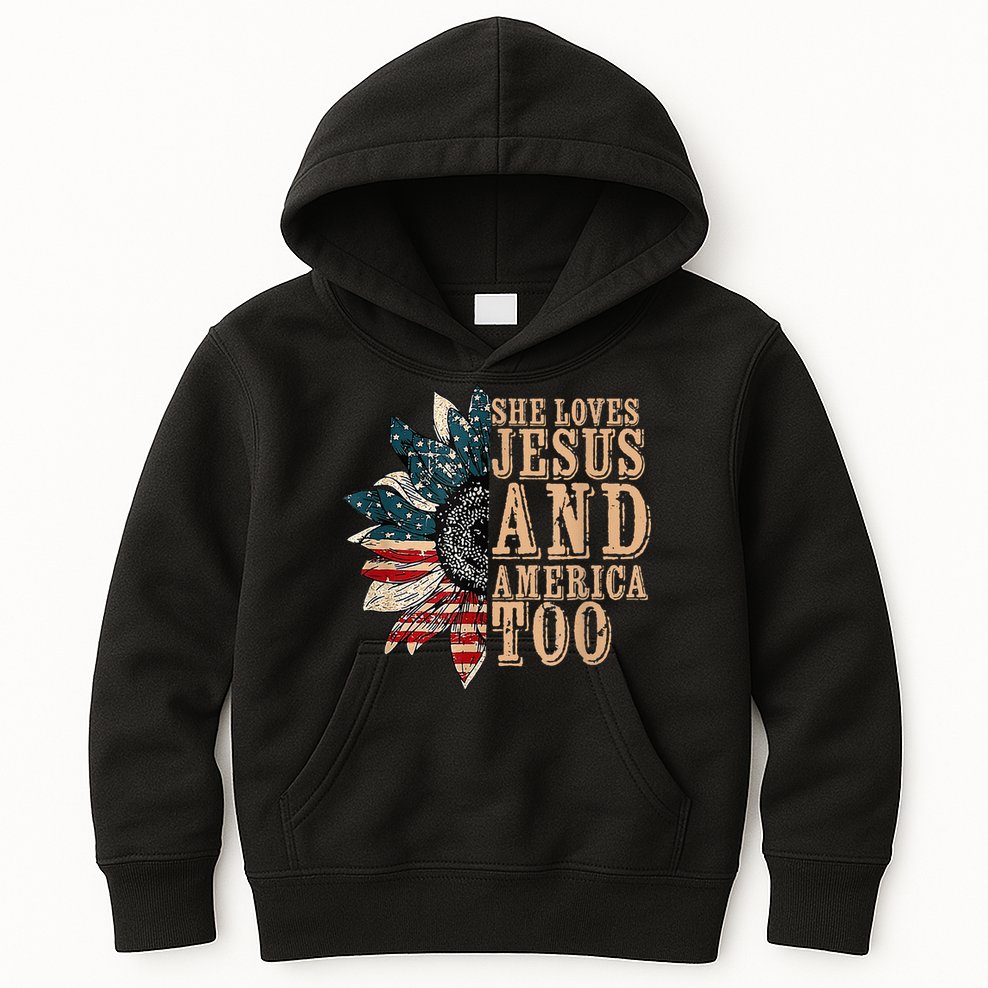 She Love Jesus And America Too Funny Sunflower America Flag Kids Hoodie