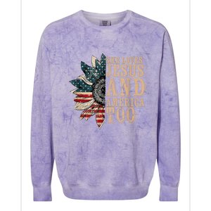 She Love Jesus And America Too Funny Sunflower America Flag Gift Colorblast Crewneck Sweatshirt