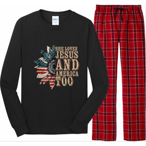 She Love Jesus And America Too Funny Sunflower America Flag Gift Long Sleeve Pajama Set