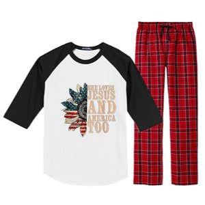 She Love Jesus And America Too Funny Sunflower America Flag Gift Raglan Sleeve Pajama Set