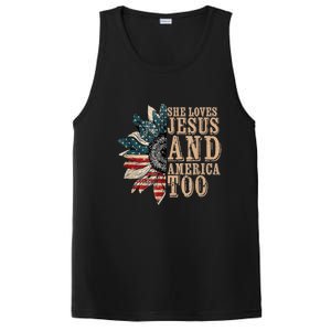 She Love Jesus And America Too Funny Sunflower America Flag Gift PosiCharge Competitor Tank