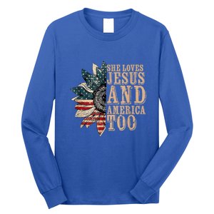 She Love Jesus And America Too Funny Sunflower America Flag Gift Long Sleeve Shirt