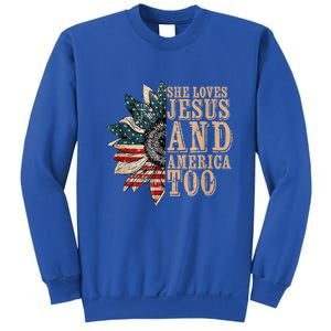 She Love Jesus And America Too Funny Sunflower America Flag Gift Sweatshirt