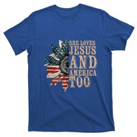 She Love Jesus And America Too Funny Sunflower America Flag Gift T-Shirt