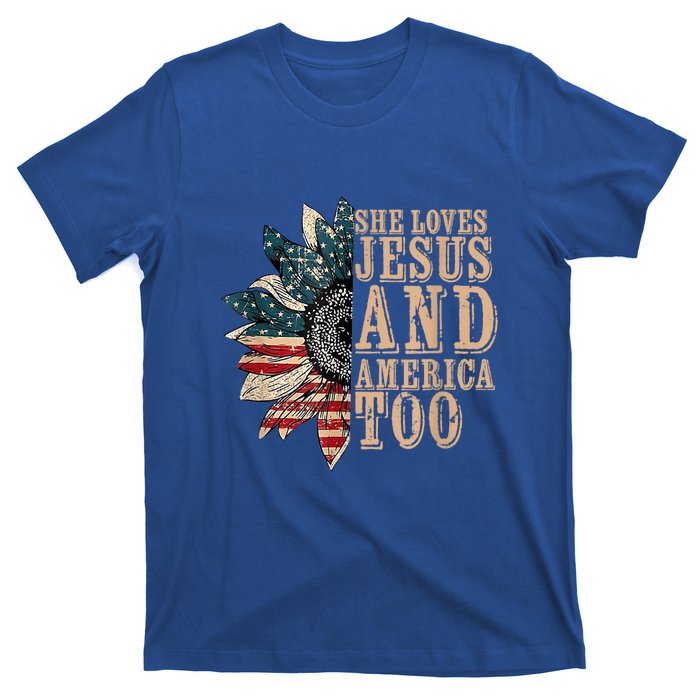 She Love Jesus And America Too Funny Sunflower America Flag Gift T-Shirt