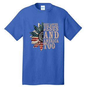 She Love Jesus And America Too Funny Sunflower America Flag Gift Tall T-Shirt