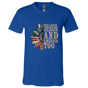 She Love Jesus And America Too Funny Sunflower America Flag Gift V-Neck T-Shirt