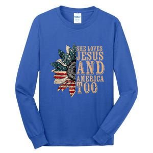 She Love Jesus And America Too Funny Sunflower America Flag Gift Tall Long Sleeve T-Shirt