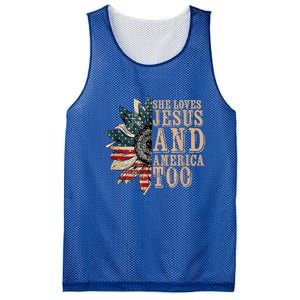 She Love Jesus And America Too Funny Sunflower America Flag Gift Mesh Reversible Basketball Jersey Tank