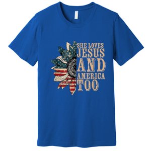 She Love Jesus And America Too Funny Sunflower America Flag Gift Premium T-Shirt