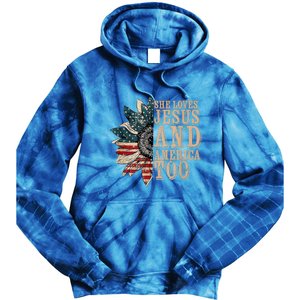 She Love Jesus And America Too Funny Sunflower America Flag Gift Tie Dye Hoodie