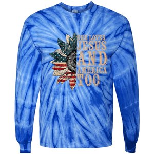 She Love Jesus And America Too Funny Sunflower America Flag Gift Tie-Dye Long Sleeve Shirt