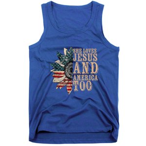 She Love Jesus And America Too Funny Sunflower America Flag Gift Tank Top