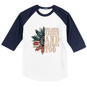 She Love Jesus And America Too Funny Sunflower America Flag Gift Baseball Sleeve Shirt