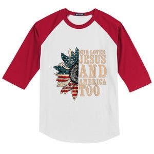 She Love Jesus And America Too Funny Sunflower America Flag Gift Kids Colorblock Raglan Jersey