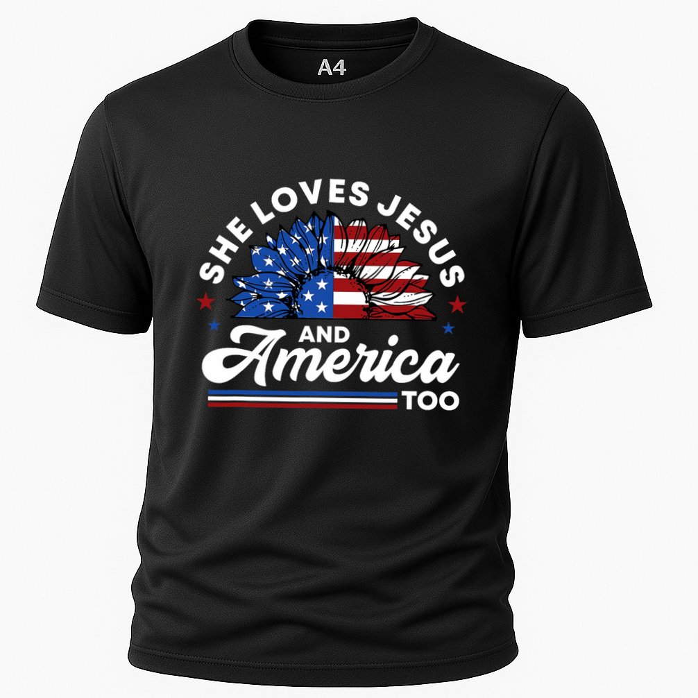 She Loves Jesus And America Too Christian Patriot Sunflower Cooling Performance Crew T-Shirt