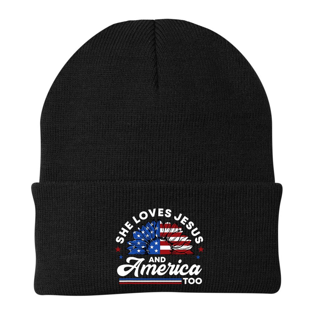 She Loves Jesus And America Too Christian Patriot Sunflower Beanie