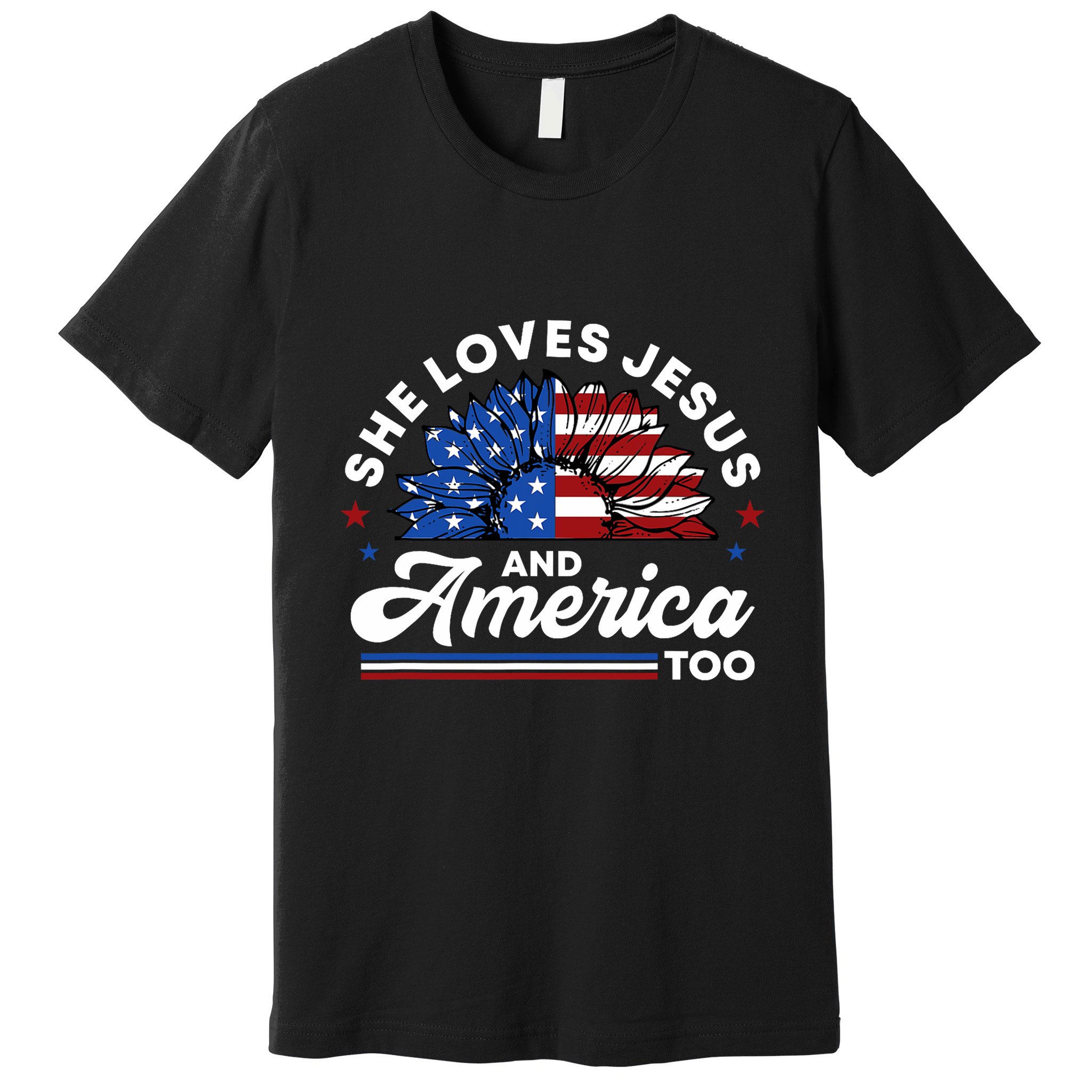 She Loves Jesus And America Too Christian Patriot Sunflower Premium T-Shirt
