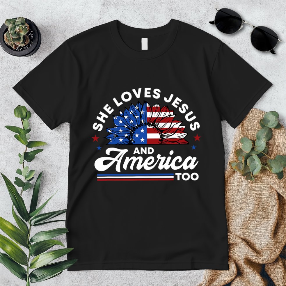 She Loves Jesus And America Too Christian Patriot Sunflower Premium T-Shirt