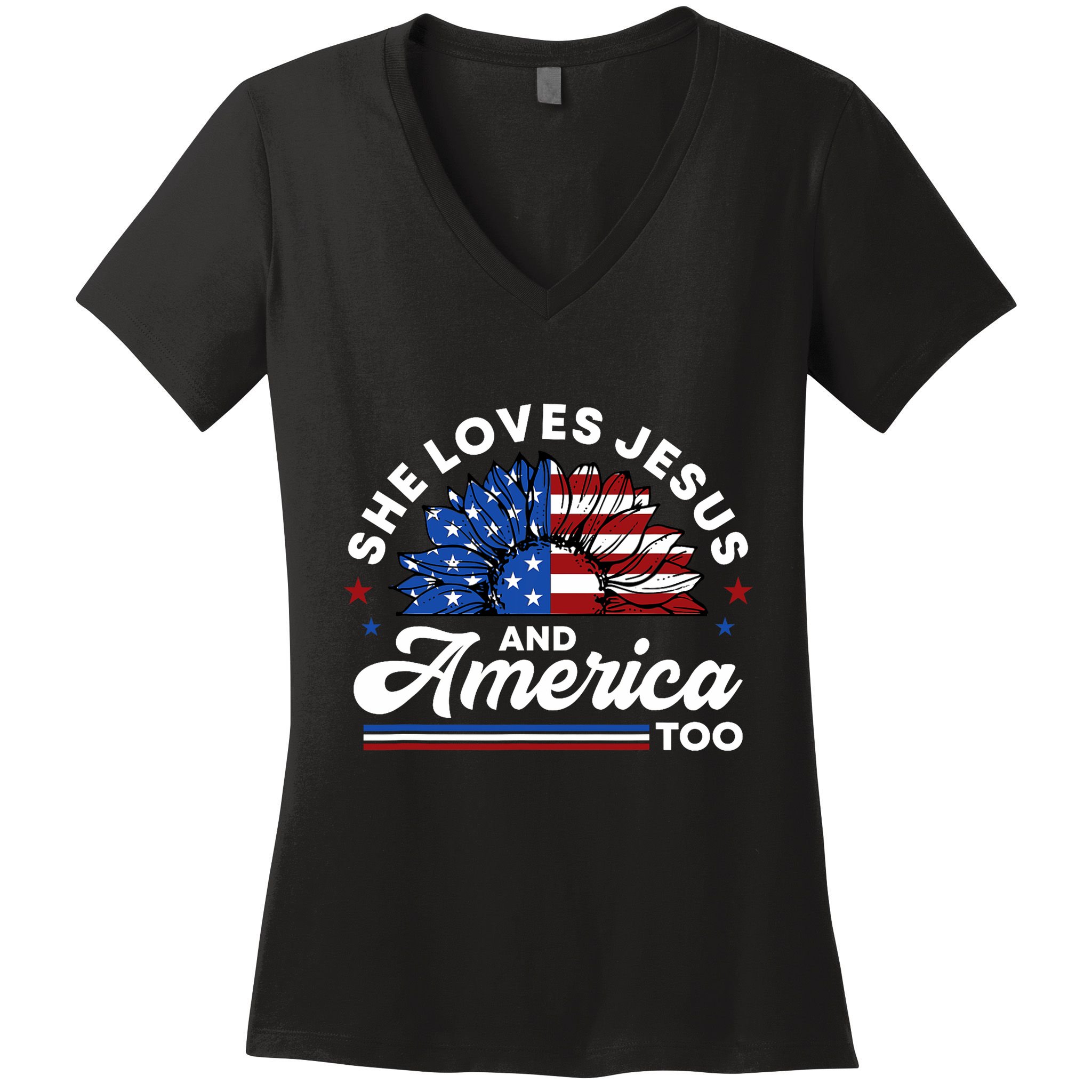 She Loves Jesus And America Too Christian Patriot Sunflower Women's V-Neck T-Shirt