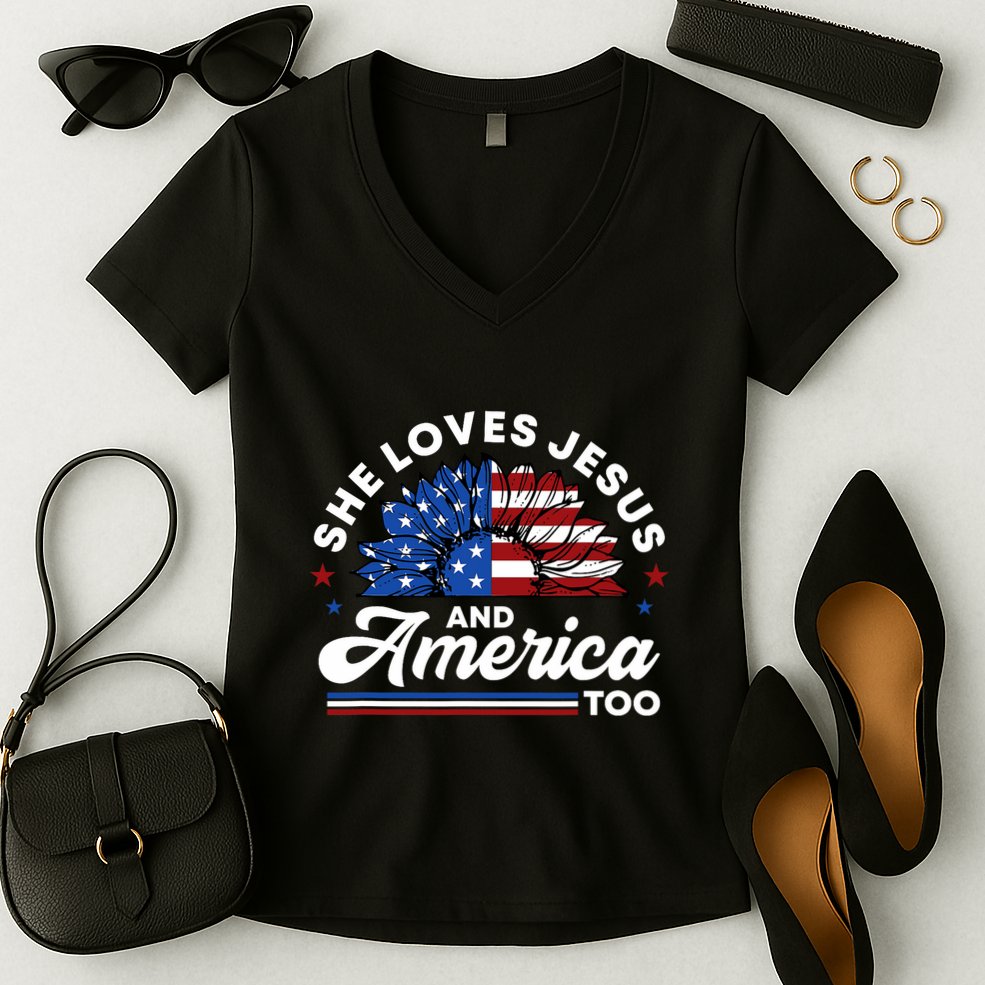 She Loves Jesus And America Too Christian Patriot Sunflower Women's V-Neck T-Shirt