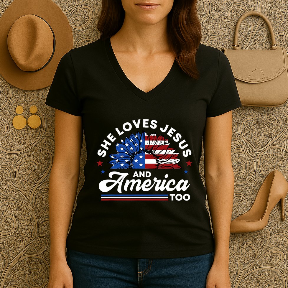 She Loves Jesus And America Too Christian Patriot Sunflower Women's V-Neck T-Shirt