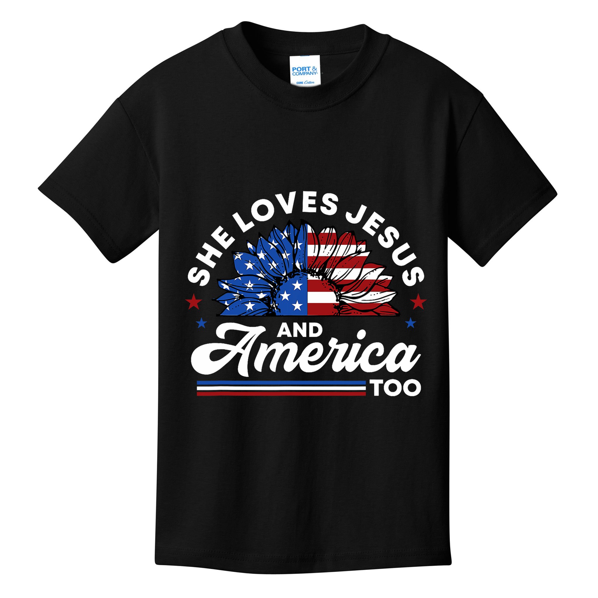She Loves Jesus And America Too Christian Patriot Sunflower Kids T-Shirt